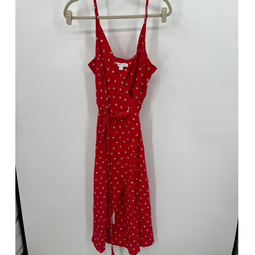 Amour Vert Red Silk Floral Wrap Midi Dress Adjustable Straps Womens Large L